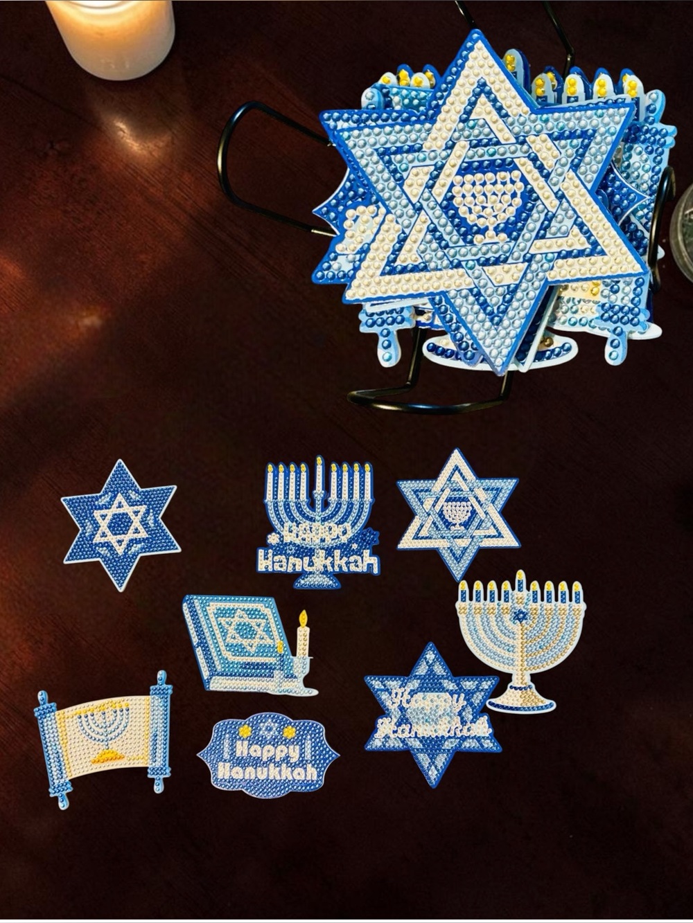 Hanukkah Coaster Set of 8 with Holder Hand Crafted & Sealed Diamond Art